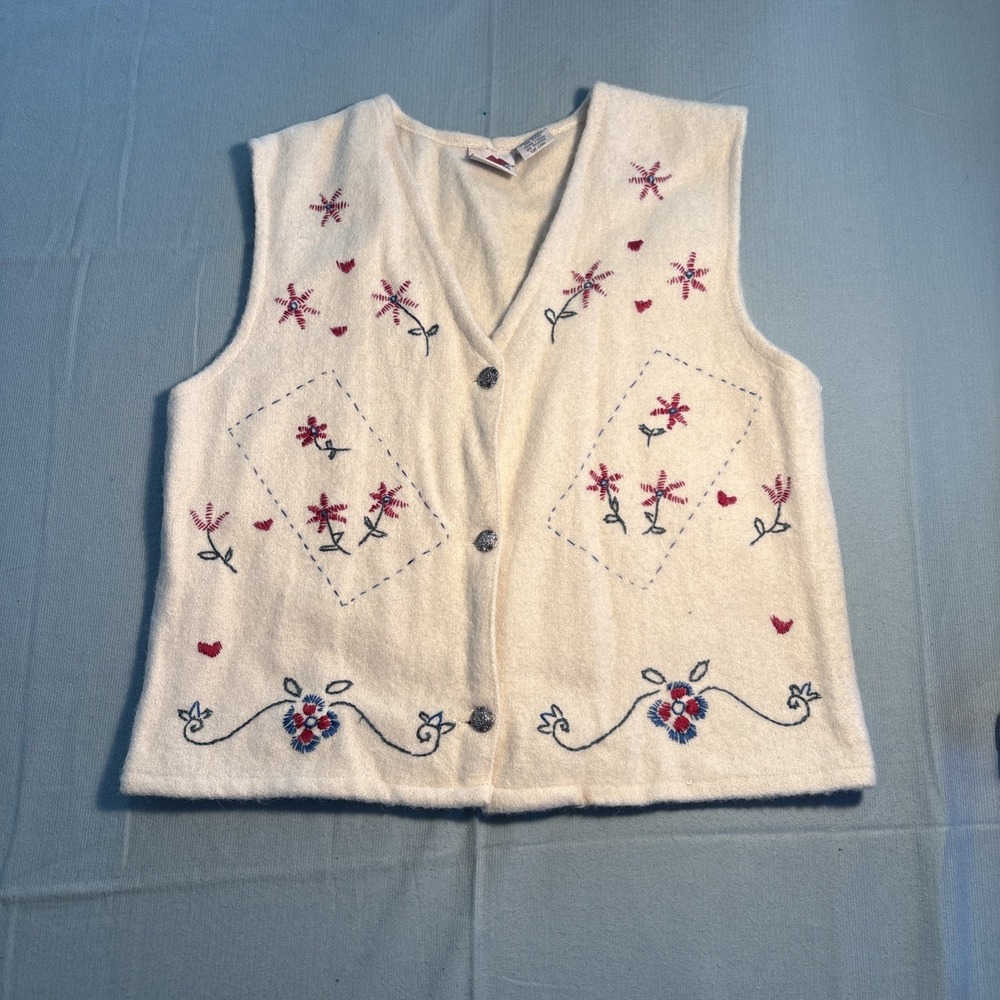 New Legends Vintage Wool Blend Floral Embroidered Vest Cream White Size M 10/12